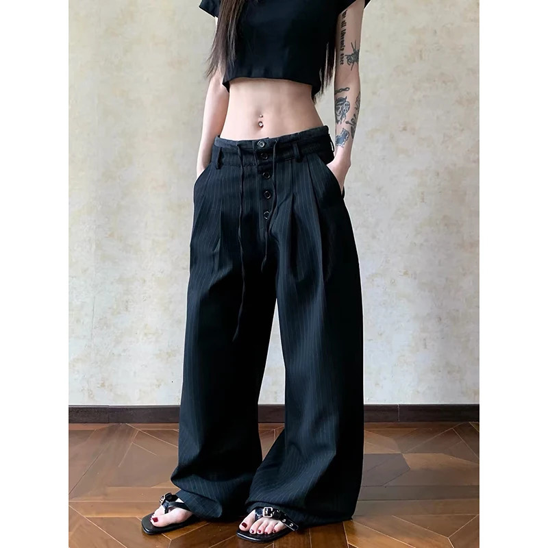 ZHIZOU Women Black Stripe Suit Pants American Vintage Y2K 2000s Harajuku Oversize Wide Leg Casual Trousers Clothes Summer 2026 261015