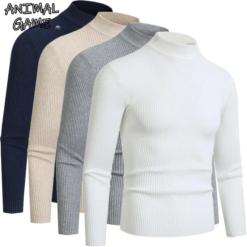 Animal Game Autumn Men's Mock Neck Sweaters Long Sleeve Turtleneck Pullover Sweater Winter Warm Stripes Basic Knit Cold Blouse 261015