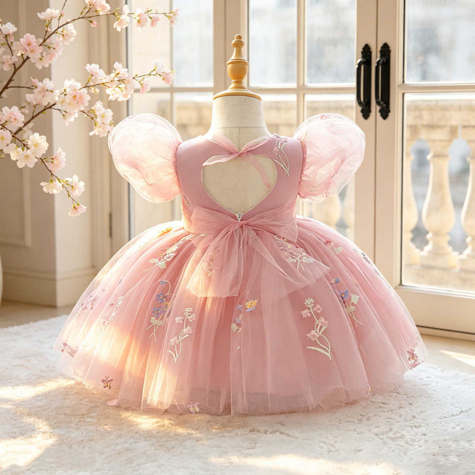 Girl Baby Floral Printed Gown Dress Puff Sleeve Elegant Gown Dress White Baptism Dress Suitable for Birthday Party Gathering S261016UAPI