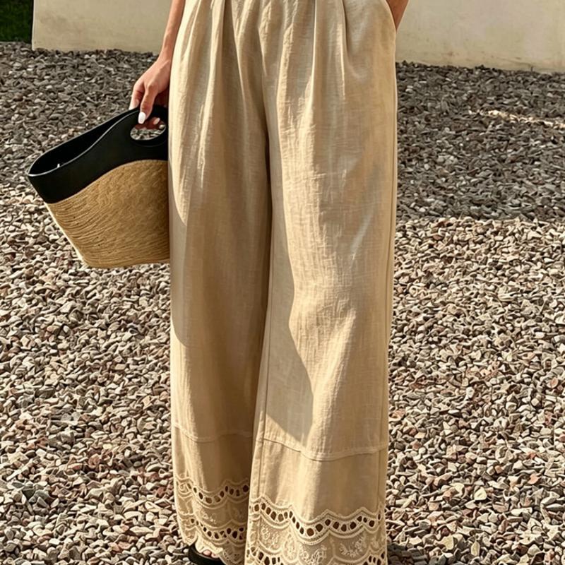 Pantalon d'été en coton et lin à jambes larges, garniture en dentelle, ample, décontracté, Vintage, taille moyenne, Long, été