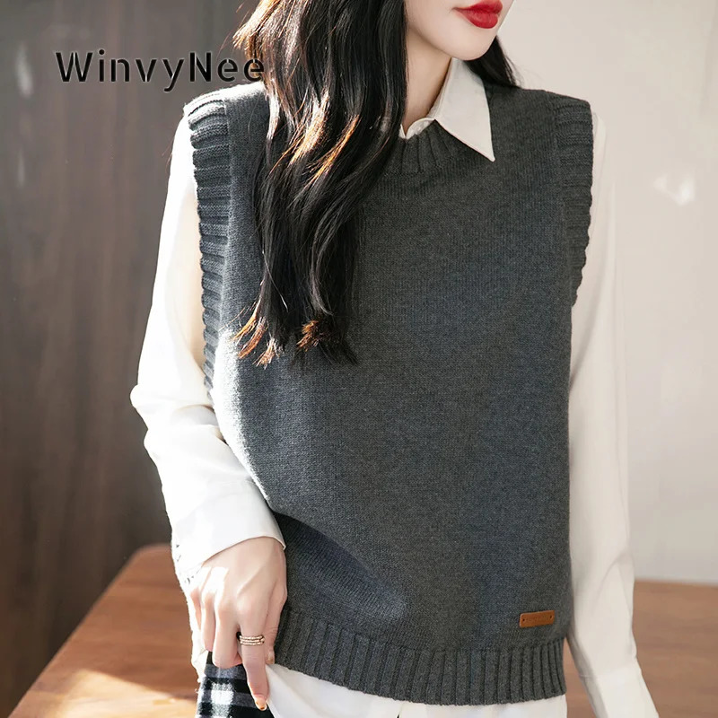 WinvyNee Women Crew Neck Sleeveless Loose Fit Knit Vest 100 Cotton Waistcoat Sweater Pullover Autumn Winter Basic Top ZC1892001 261009
