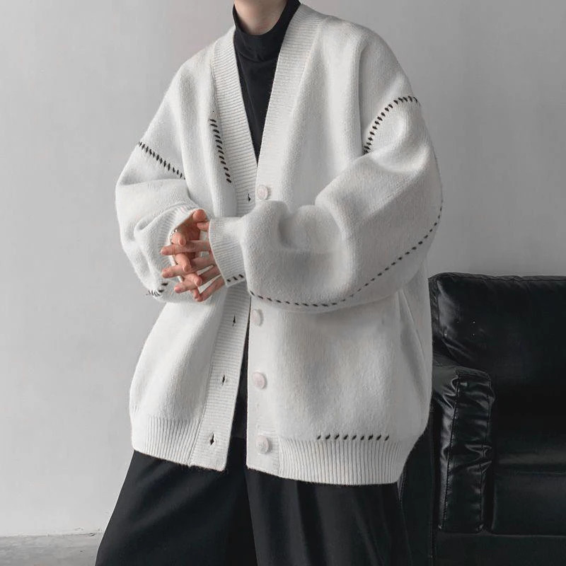 Autumn V-neck Cardigan Sweater Men Women Streetwear Loose Lazy Style Korean Vintage Knitwear Jacket Fashion Mens Cardigan 261015