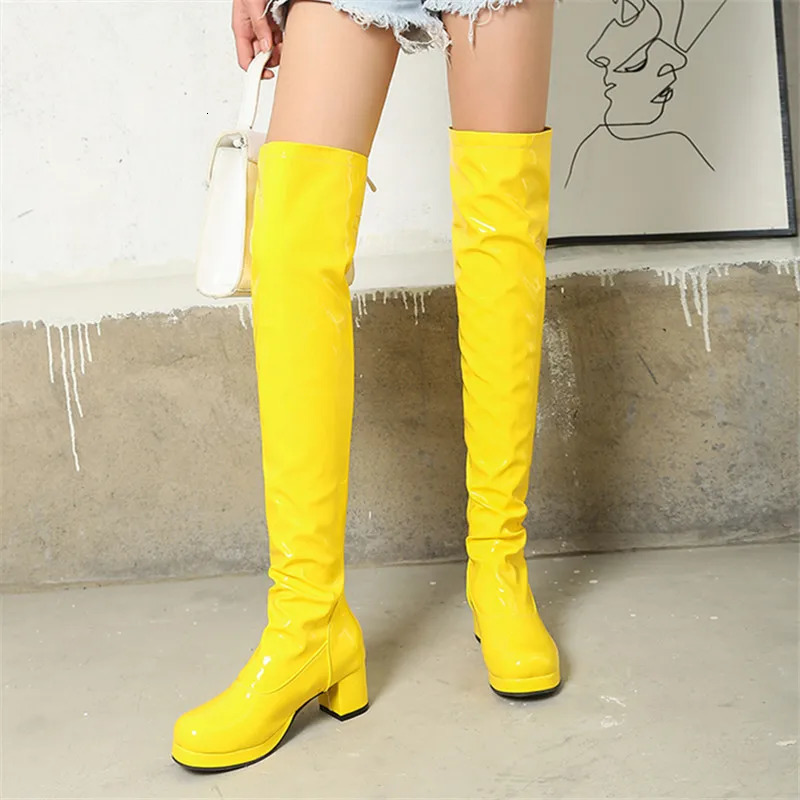 Fashion Lady Patent Leather Round Toe Long Boots Women Black White Leather Knee High Botas Mujer Winter Warm Party Boots Woman 261016