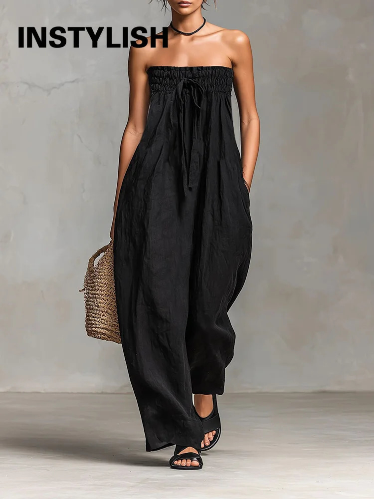 Women Strapless Wide Leg Jumpsuit Casual Cotton Linen Tube Top Romper Summer Beach Long Pants with Pockets Vacation Overalls 261015