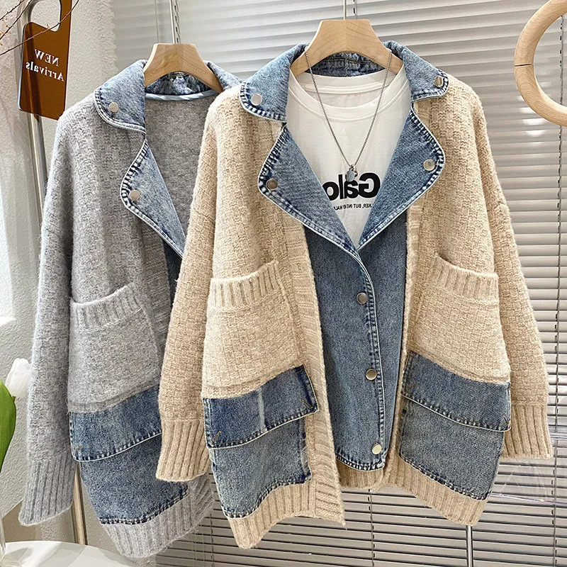 Autumn Winter Women Splicing Denim Jacket Women Long Sleeve Jean Jackets Female Loose Sweater Cardigan Jacket 261015