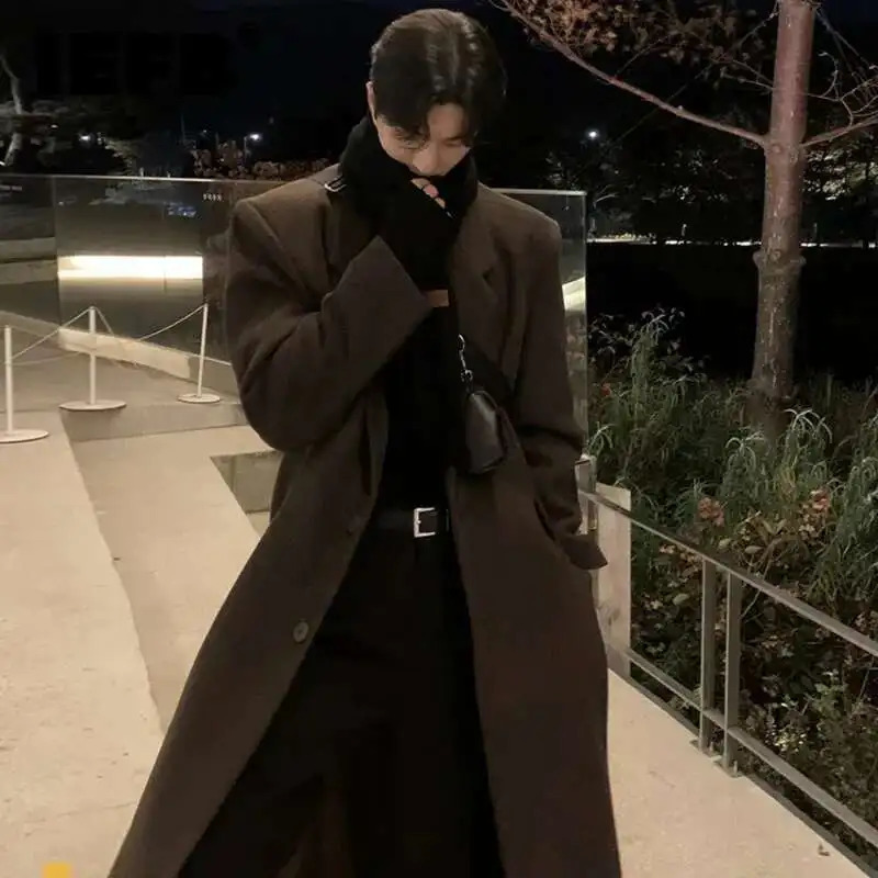 IEFB Korean Stylish Men's Woolen Trench Lapel Shoulder Padded Knee Length Solid Color Male Windbreaker Casual Spring 9C4832 261010