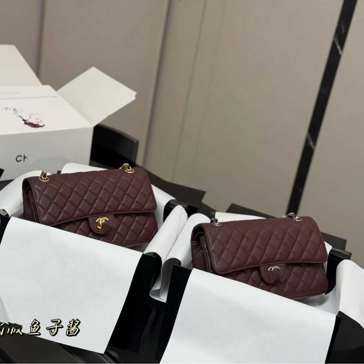 New Classic CF Caviar Small Fragrant Women's Bag Fashion Trend Litchi Pattern Cowhide Single Shoulder Diagonal Cross Bag Small Square Bag Q2610