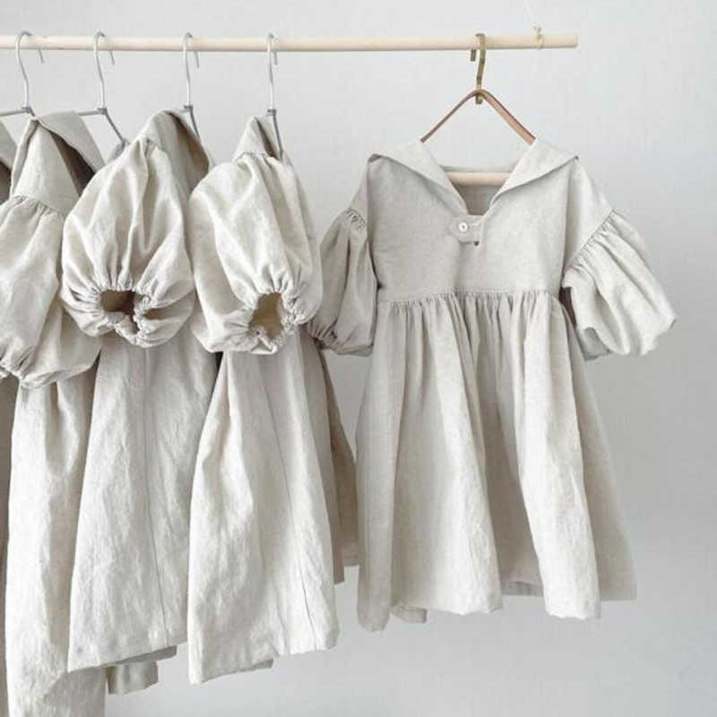 Clothes Kids Girls Dresses Spring Summer Puff Sleeve Sailor Collar Dress for Babies Solid Cotton Linen Young Children's Clothing S261016XFKD