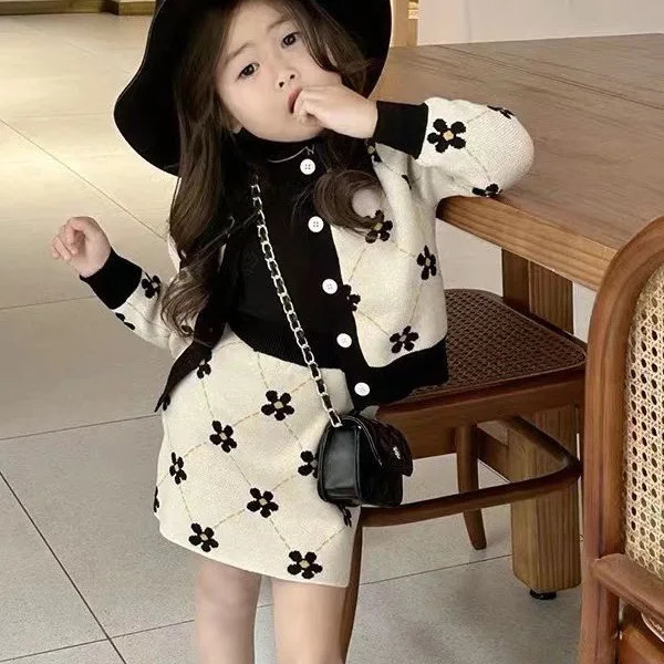 2026 Spring Autumn Korean Style Girls Floral Knit Cardigan Skirt 2Pcs Set Toddler Baby Girl Elegant Sweater Outfit Kids Clothing 261016