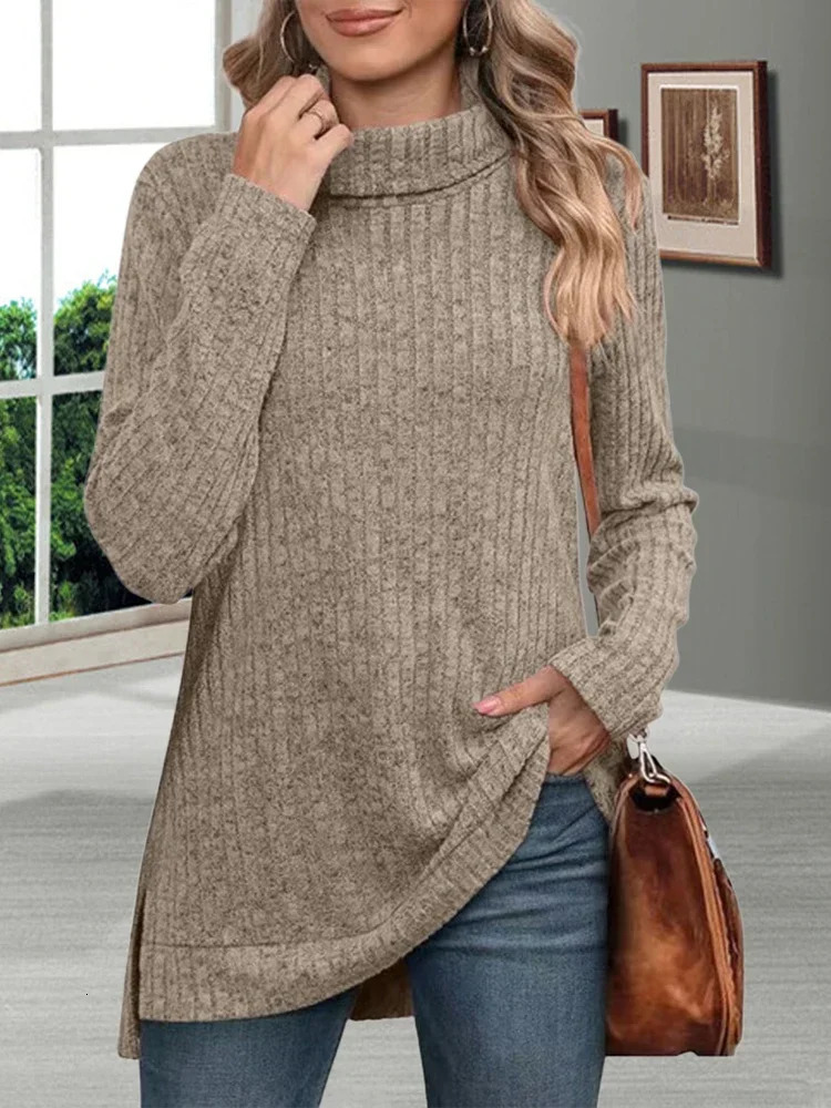 Autumn Warm Thick Cold Resistant Women Sweaters Loose Knitted Turtleneck Ladies Pullovers Striped Soft Long Sleeved Jumpers 261008