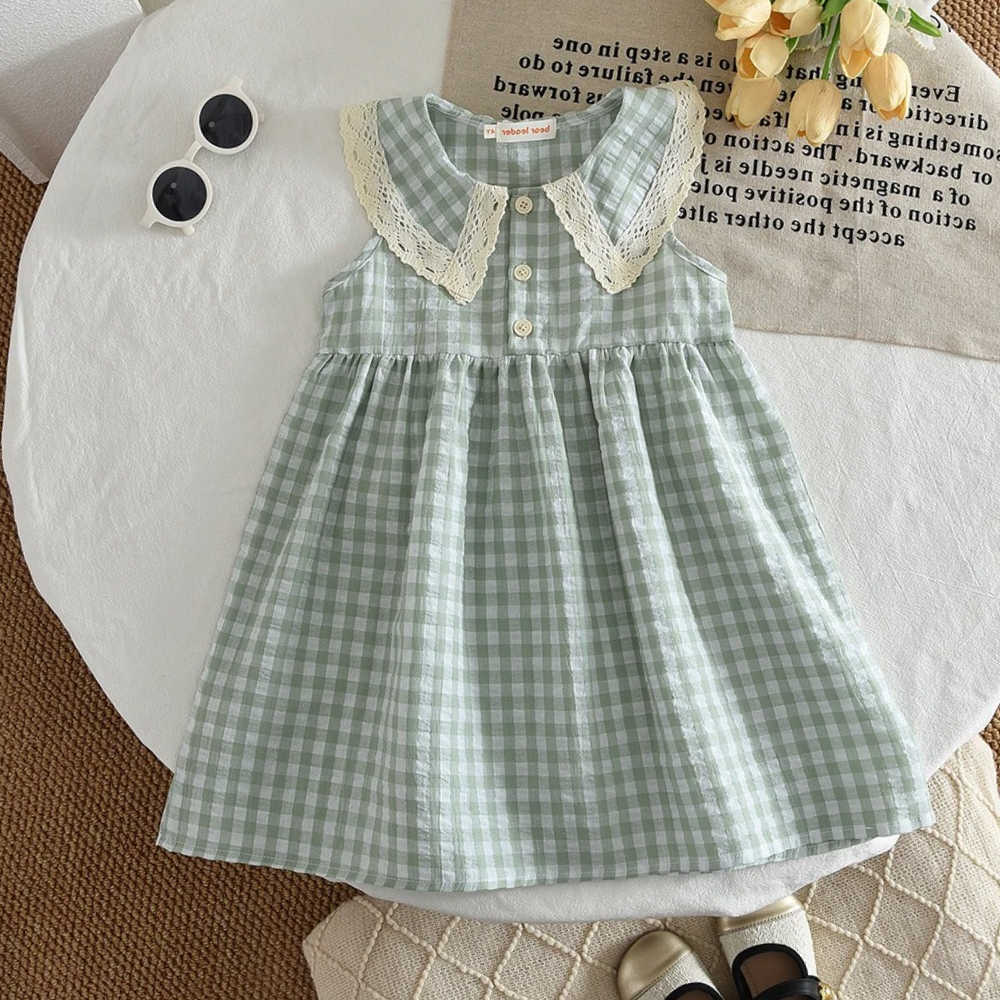 Countryside Casual Style Summer New Le Lapel Sleeveless Plaid Dress for Girls Sweet Clothes Korean Version S261016AE2A