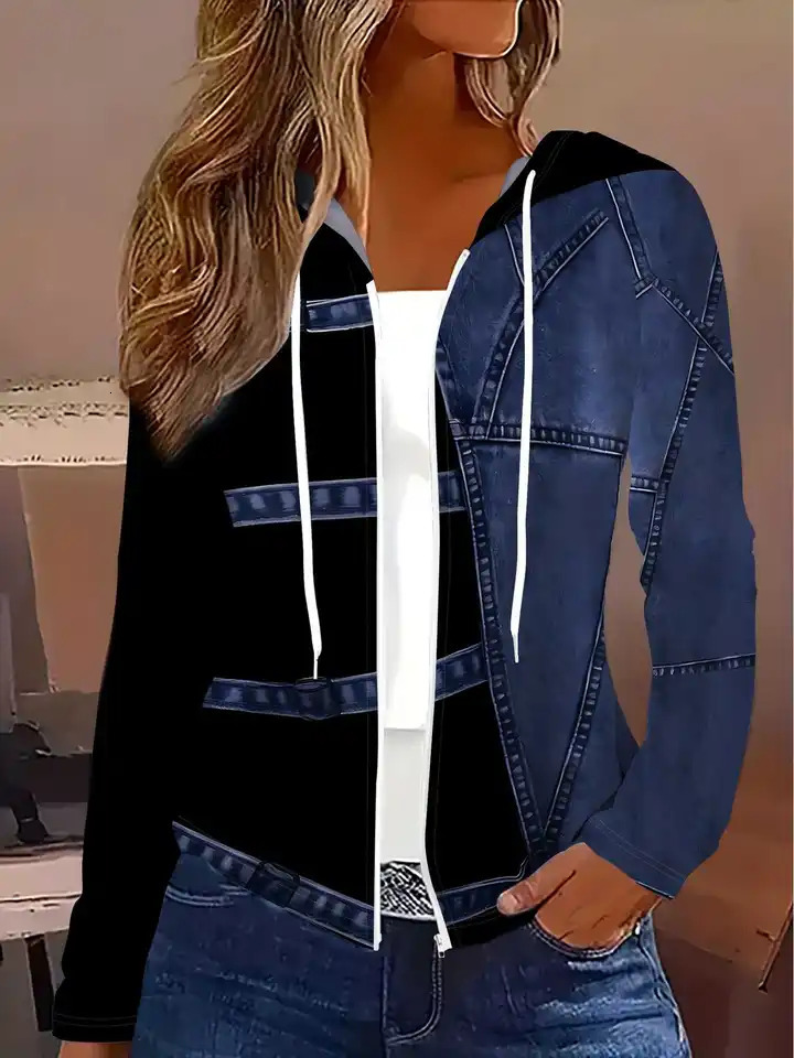 Printed n Denim Patchwork With Hoodie Style Spring and Autumn styles casual style ladies' jacket 260922