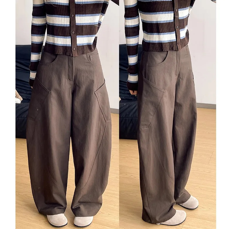 2026 Fall Womens American Vintage Barrel Suit Pants Stylish Big Pockets Floor Length Slim Cargo Wide Leg Trousers 261015