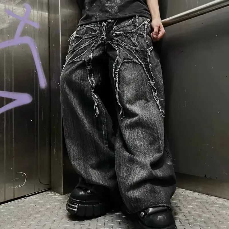Men's Jeans Gothic Retro Baggy Unisex Mopping Pants Y2K Phantom Jeans High Street Spider Embroidered Patch Hip Hop Streetwear Straight JeansT26