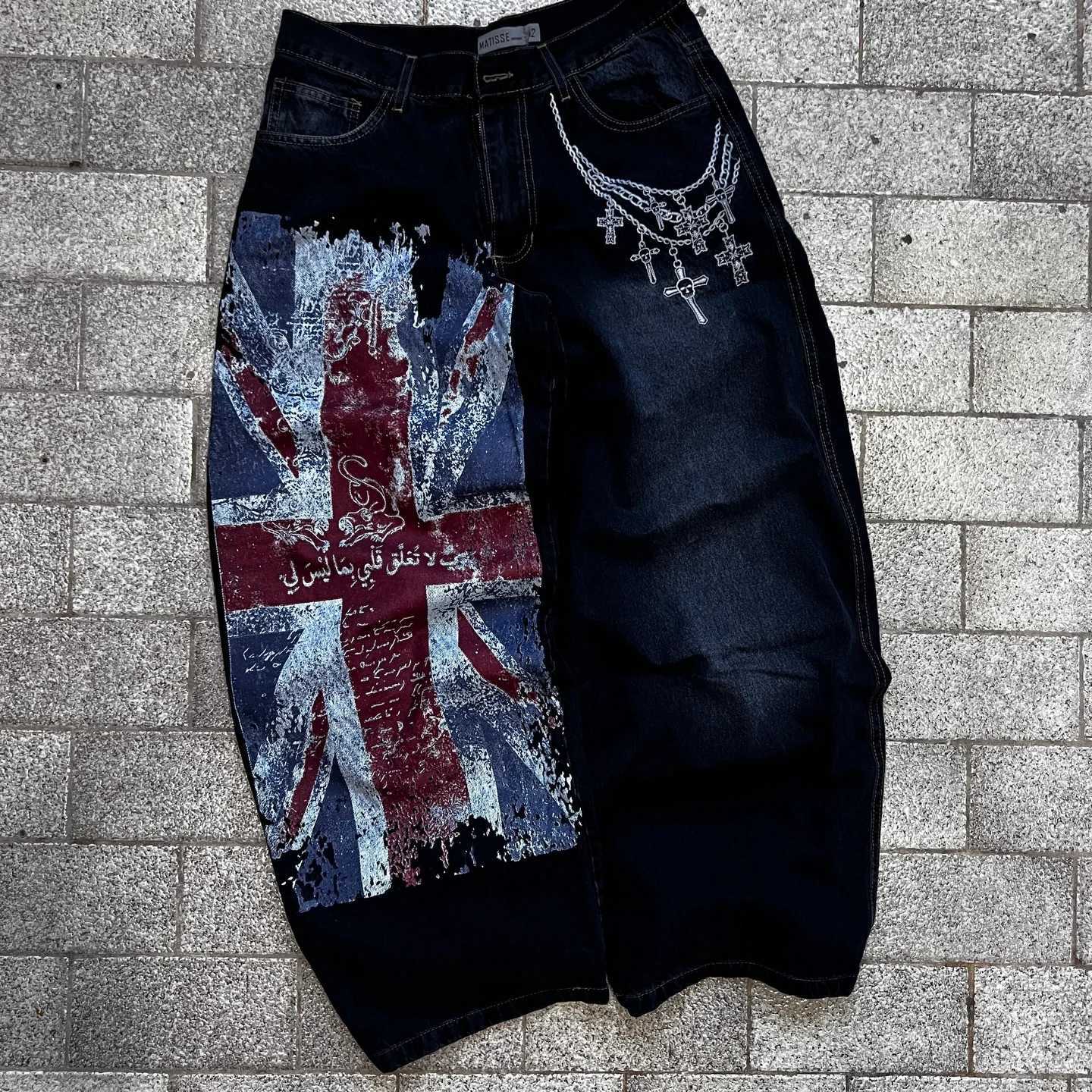 Men's Jeans Summer Y2K Millennium Dark Subculture British Flag Print Wide Leg Jeans Low Waist Distressed Straight Leg Hip-hop Pants for MenT261