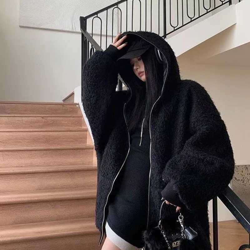 Pu Men's Jackets Chic Fleece Reversible Women Jacket Hooded Zip Up Oversized Black Grunge Y2K Streetwear Loose Baggy Winter Coat Top N261016