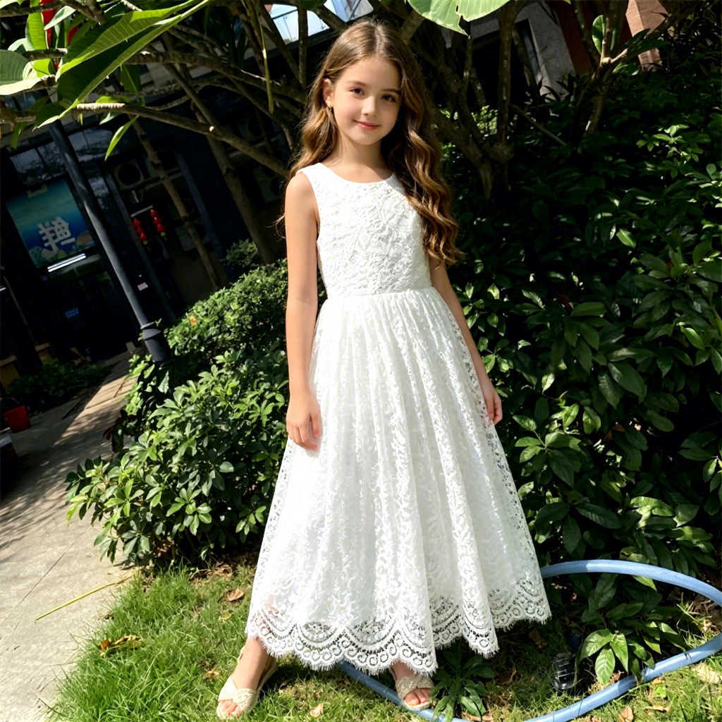 Lace White Flower Girl Dress with Big Bow Elegant Sleeveless A-Line Ball Gowns Formal Communion Wedding Party Dresses S261016M2TW