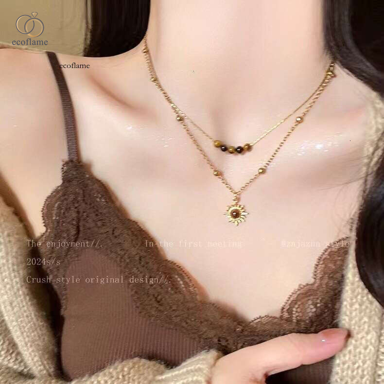 Vintage Gold Sunflower Tiger Eye Stone Necklace for Women, Unique Design Layered Sweater Chain, Autumn Winter Collarbone Chain Accessory