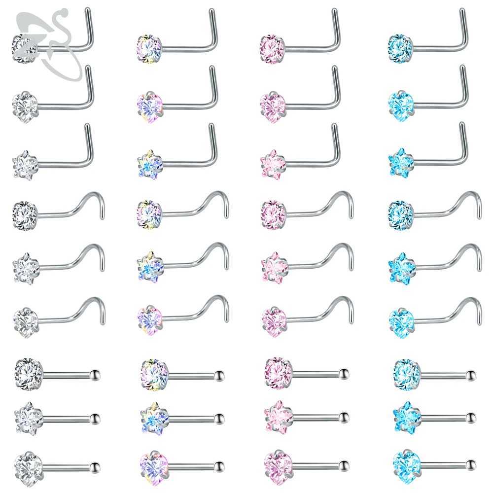 ZS 3-12pcs/lot Stainless Steel Nose Stud Set Round Heart Star CZ Crystal Nose Piercings 3MM L Shape Nostril Piercing Jewelry 20g Q261016