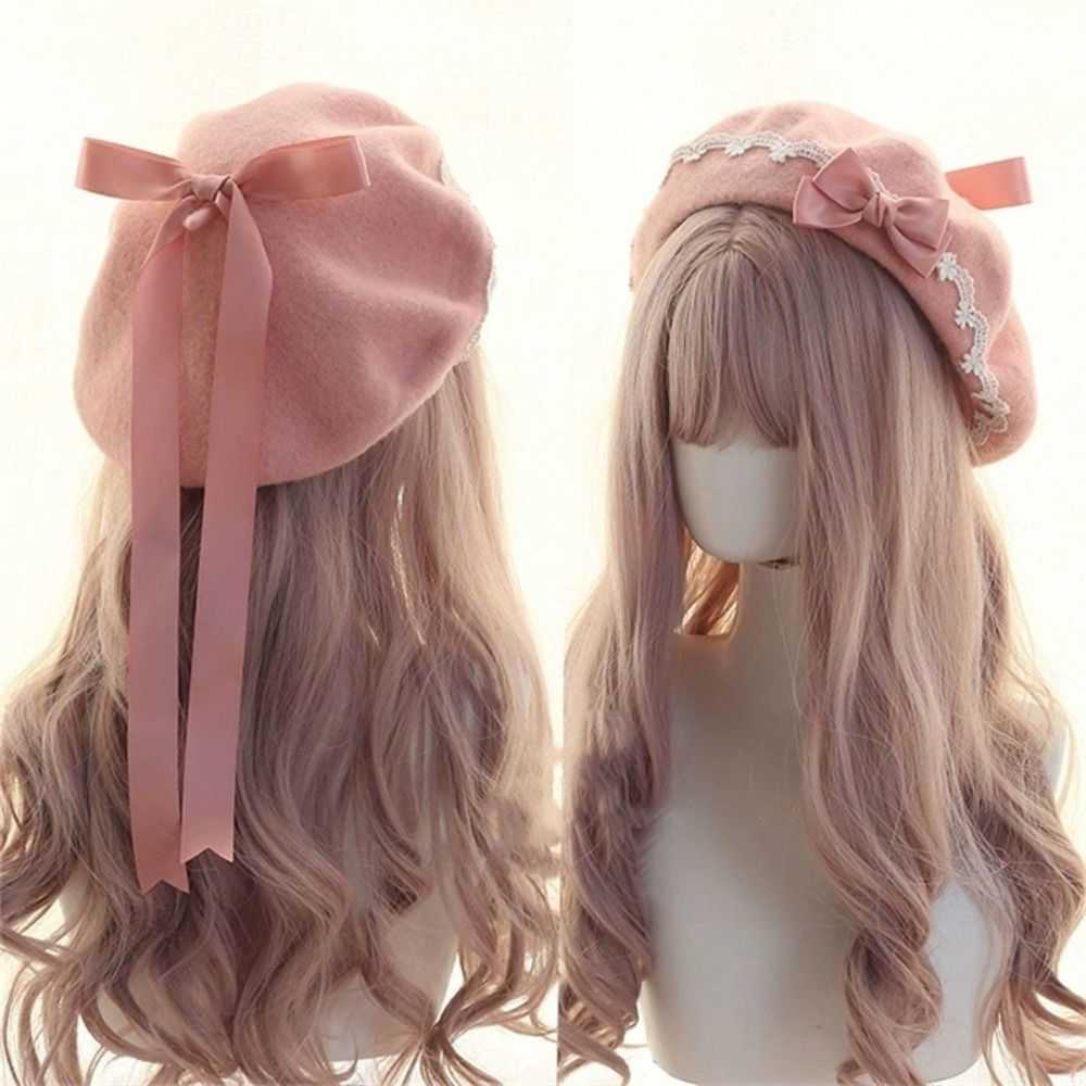 Lolita Fashion Japanese Style Beret Hat Sweet Woolen Bow Beret Warm Handmade Winter Berets Hat Women Girls S261016Z14D