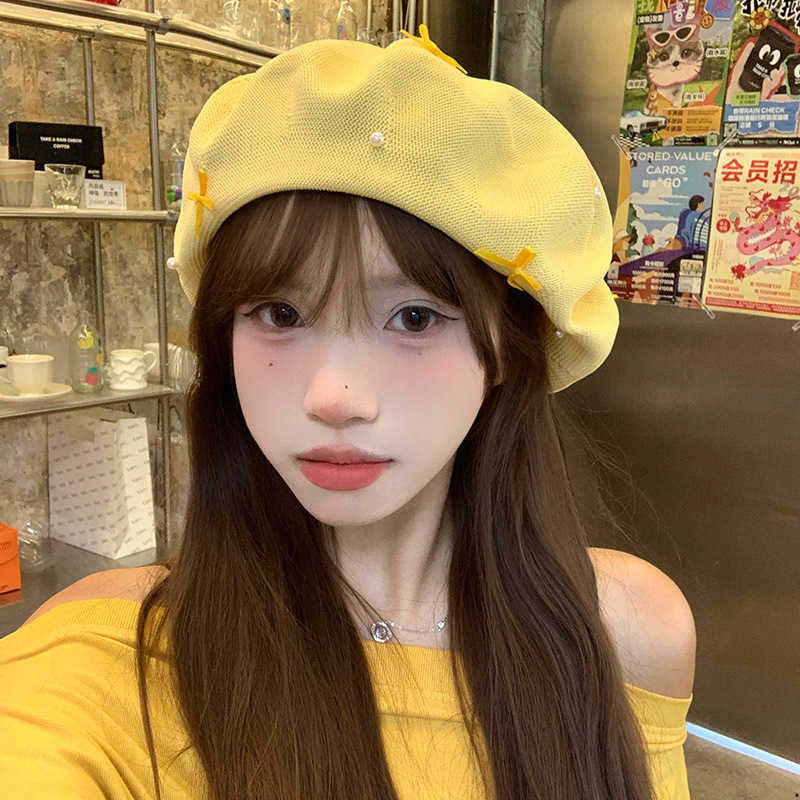 sweet Korean bow yellow beret women's summer thin cut hollow breathable face enhancing small artist hat newsboy hat S261016K4MA