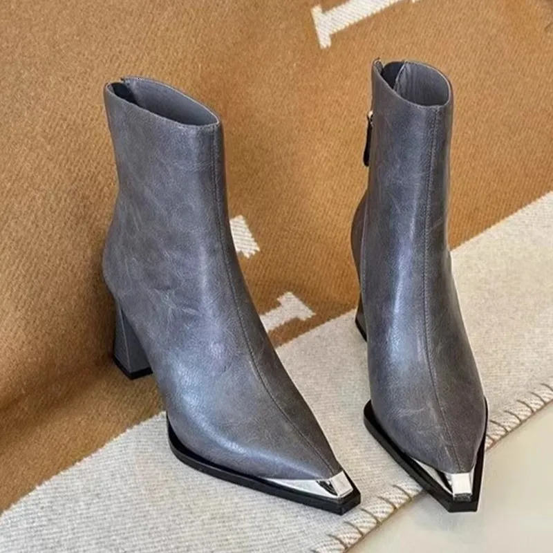 Women High Heels Ankle Boots Elegant Pointed Toe Leather Shoes Woman Winter Fashion Sexy Goth Chelsea Botas Pumps 261016