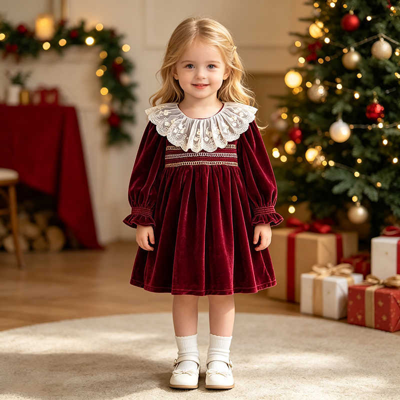 Christmas 2025 Kids Baby Girls Dress Red Le Collar Baby Girls Long Sleeve Sweet Princess Dress New Children Clothes Dress S261016SOBU