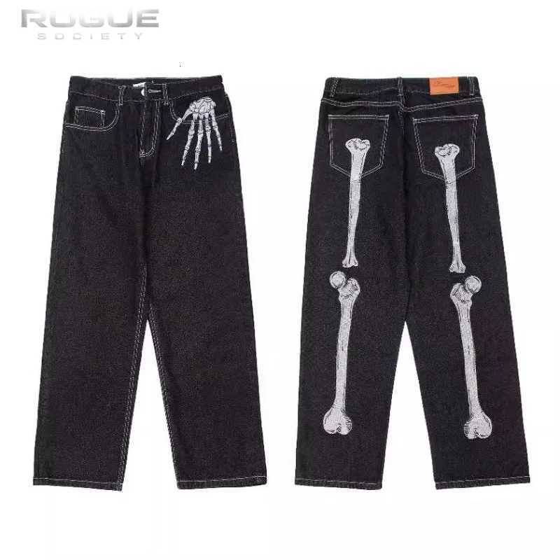 Men's Jeans Fashion Straight Leg Pants Men's Skeleton Print Baggy Jeans Gothic Punk Streetwear Trousers High Street Dark Hip Hop Y2K Casua