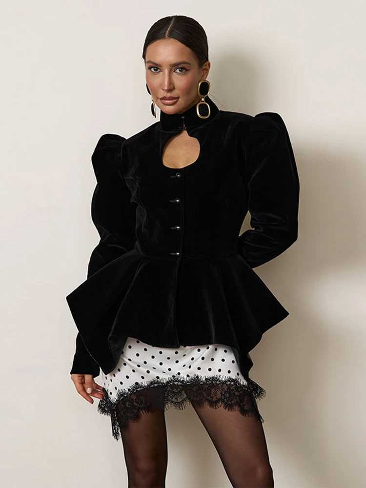 Women's Men's Black Jackets Elegant Jacket Stand Collar Hollow Out Full Sleeve Waist-Closed Lady Coats 2026 Spring Chic Female Streetwear
