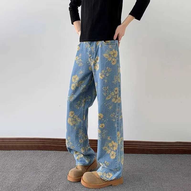 Men's Jeans 2026 New Men's Flower Tie Dye Printed Denim Pantalones American Streetwear Retro Blue Baggy Jeans Hip Hop Fashion Y2K JeanT261