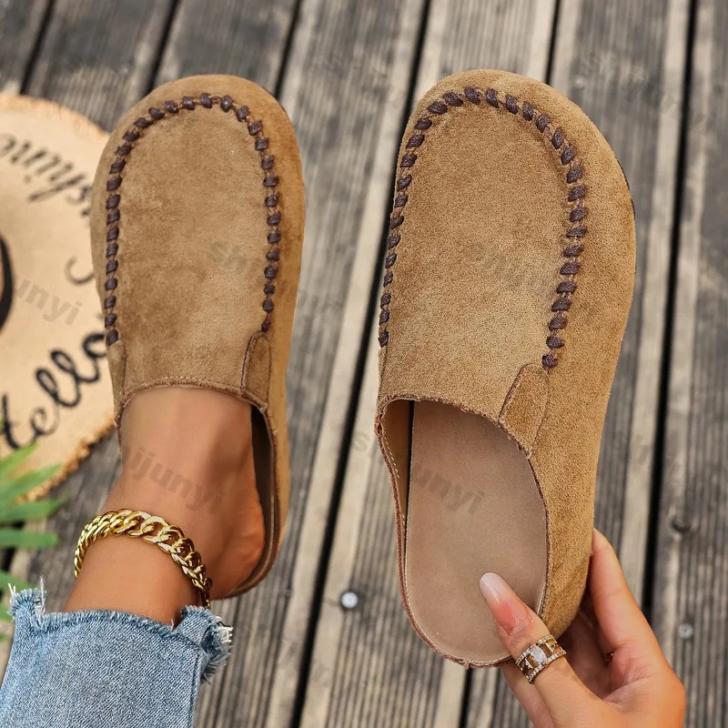 Vintage Closed Toe Mules Shoes Spring Autumn Outdoor Comfort Platform Casual Flats Lightweight Non Slip Women Large Size Shoes 261016