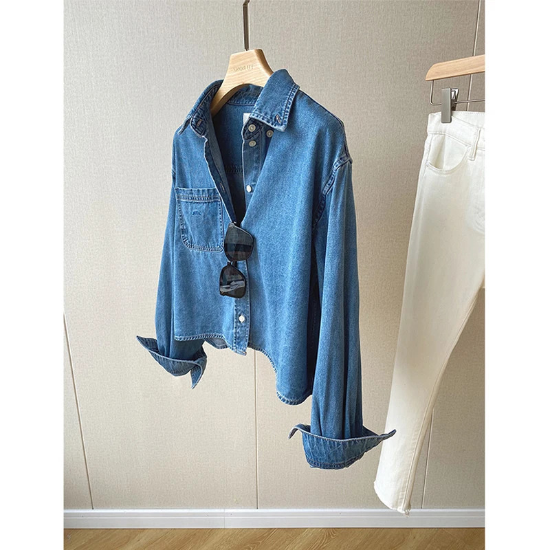 Blue Waed Cotton Denim Jaet Women's Spring Autumn Loose ort Sle Handbag Store Korean Faion Casual Top Coat 261008