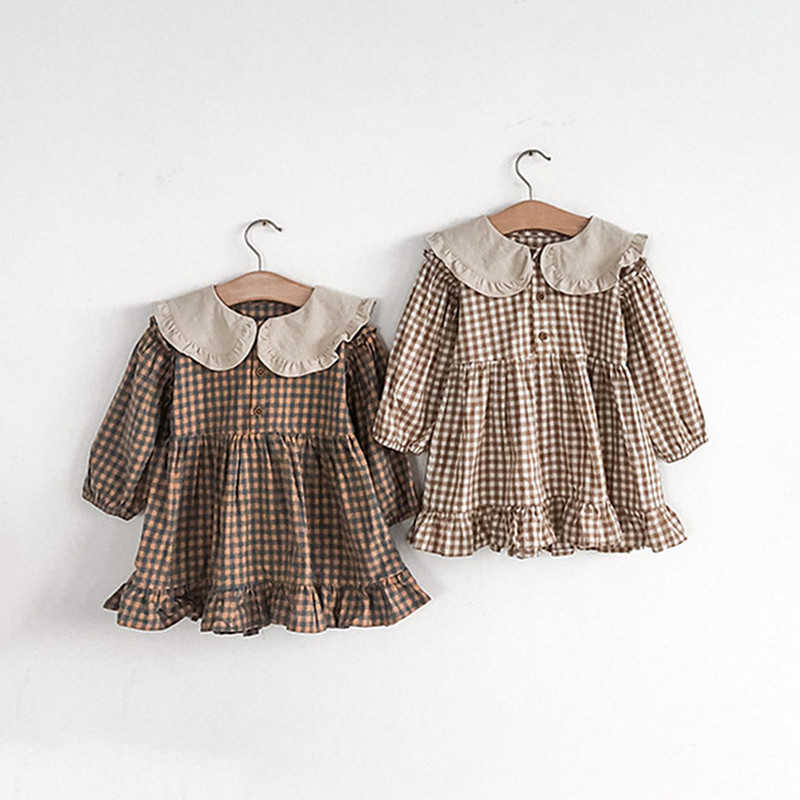 Summer Spring Girls Clothing Cute Children Dresses Kids Baby Girl Plaid Cotton Linen Lapel Collar Dress Long Sleeve Skirt S261016HCKC