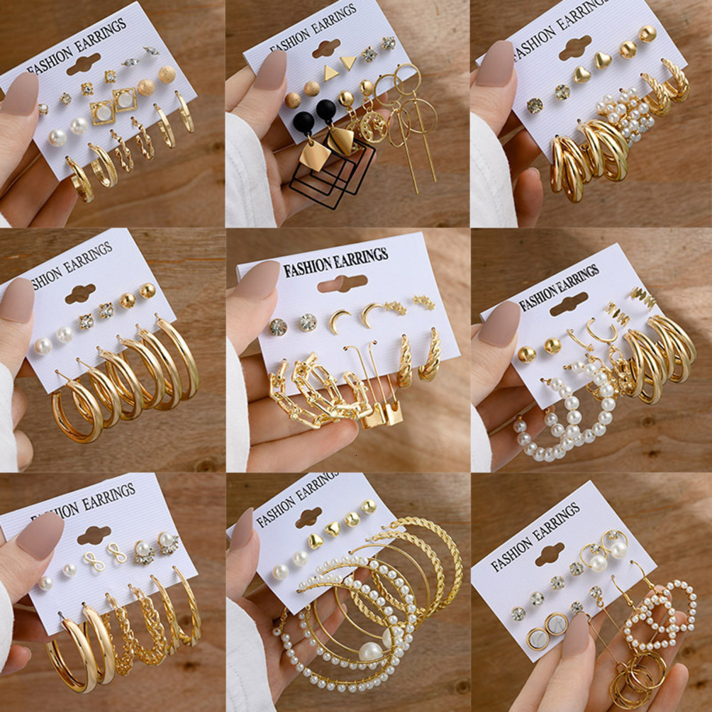 2026 Xp17 perfume Vintage Gold Geometric Women's Earring Set Fashionable Pearl Round cologne Hoop Earrings Designer L3