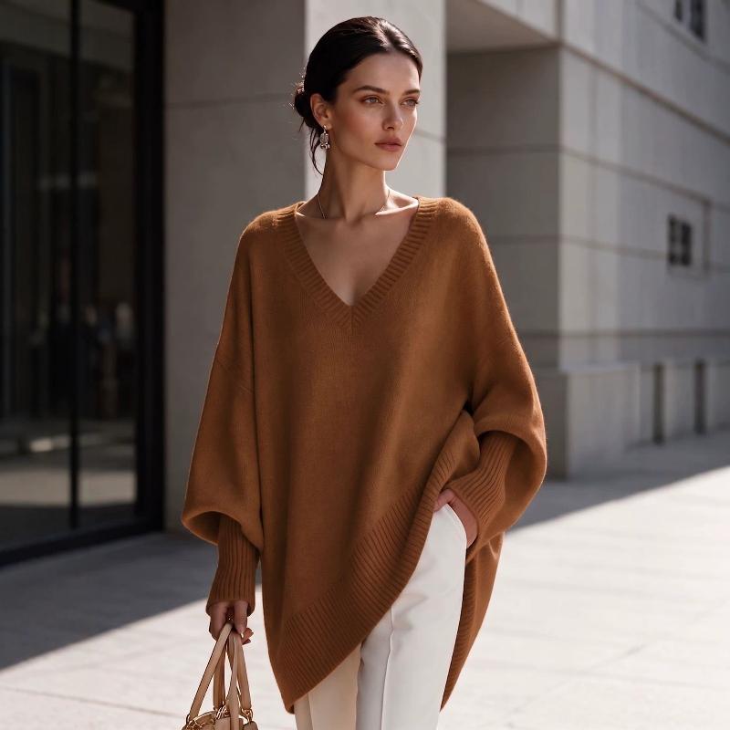 Designer Women's Long Sleeve V Neck Loose Knit Sweater Solid Color Oversized Pullover Top Fall Winter Casual Jumper