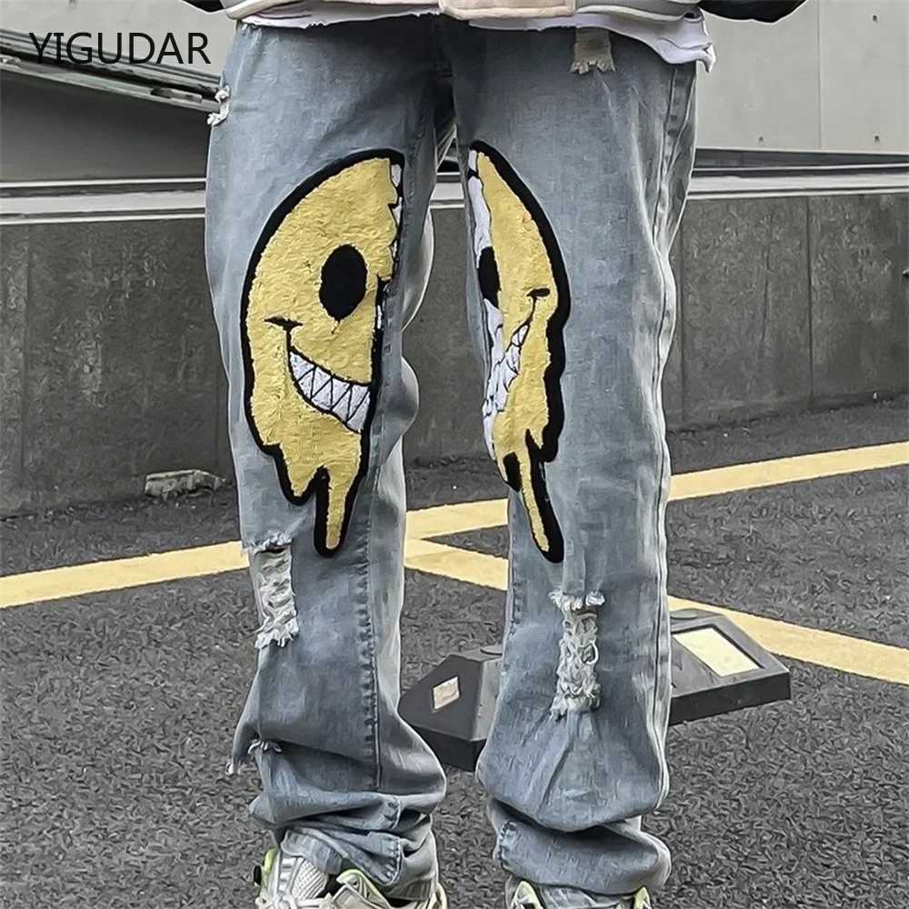 Men's Jeans Irregular Ripped Hole Jeans Denim Pant Woman Man Straight Patchwork Baggy Boyfriend Y2K Punk Kpop Harajuku Streetwear Hip HopT26101