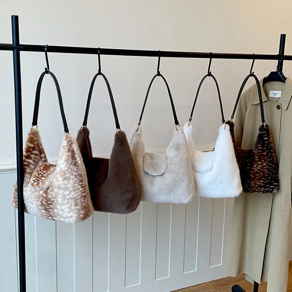 Elegant Leopard Print Fluffy Shoulder Bag Soft Deer Spot Tote Bag Large Capacity Solid Color Women Handbag Dating 261016