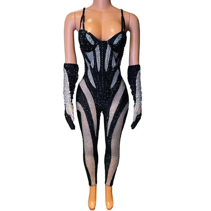 Women Sexy Black White Rhinestones Outfit Jumpsuit With Gloves Transparent Birthday Dance Stage Evening Celebrate Club Bodysuit 261015