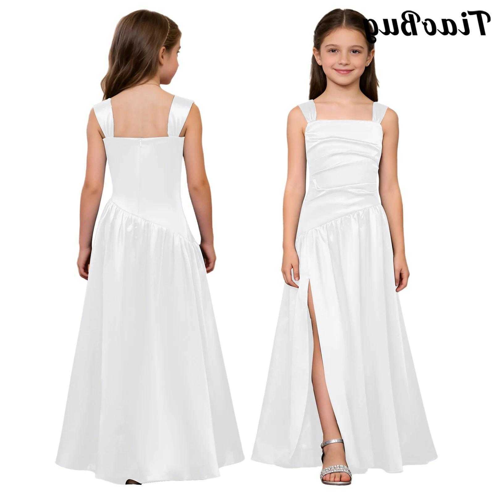 Flower Kids Girls Elegant Party Gown Sleeveless Ruched Bodice A-line Satiny Dress Bridesmaid Wedding Birthday Formal Dresses S261016HRMZ