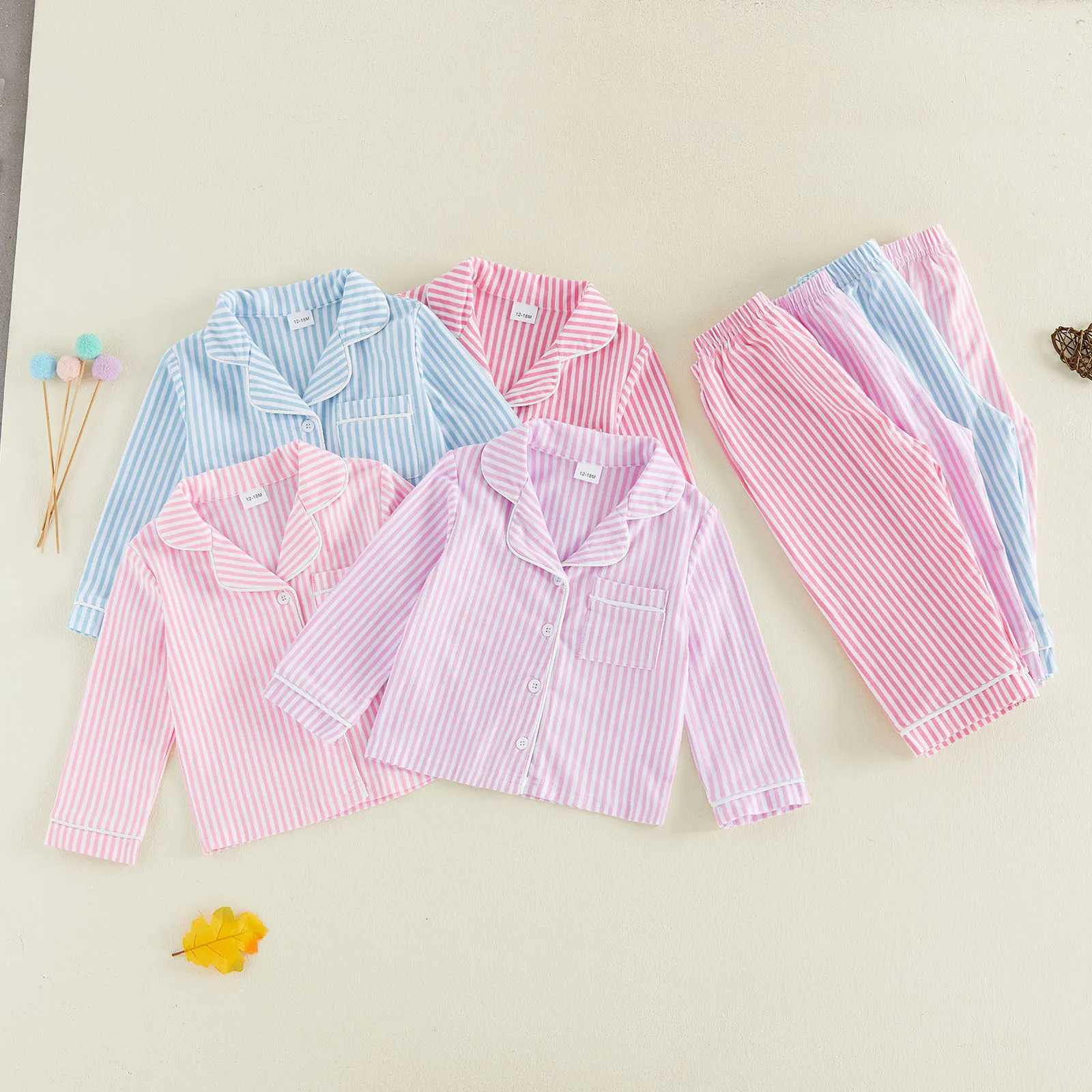 Pajamas Children Kids Girl Boy Pajama Sets Striped Long Sle Button-up Shirts Tops and Pants 2 Piece Spwear Loungewear OutfitsW261019
