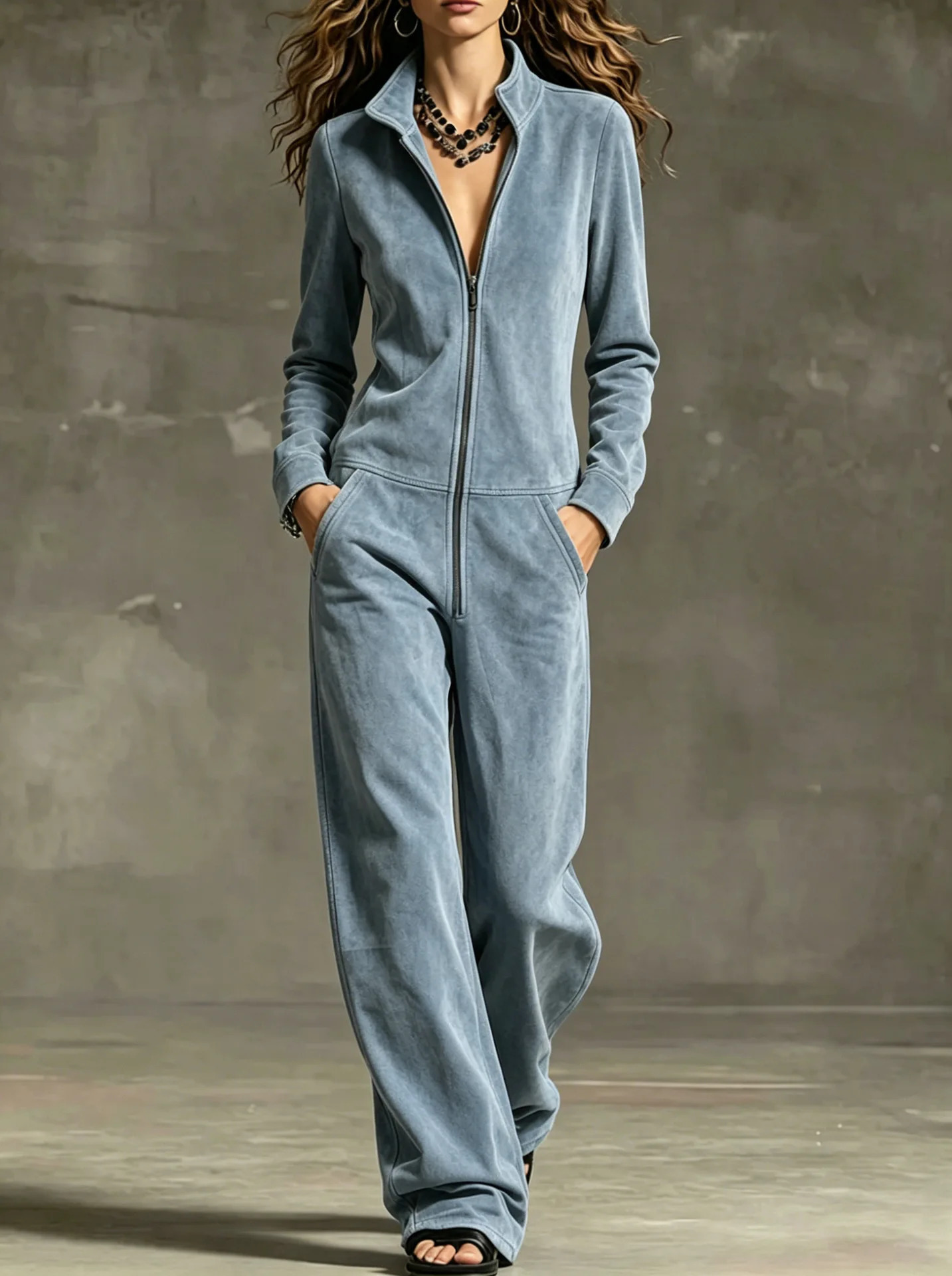 2026 Autumn Winter Women's Jumpsuit Solid Color Front Zipper Vneck Loose Fashionable Versatile Comfortable Pants 261015