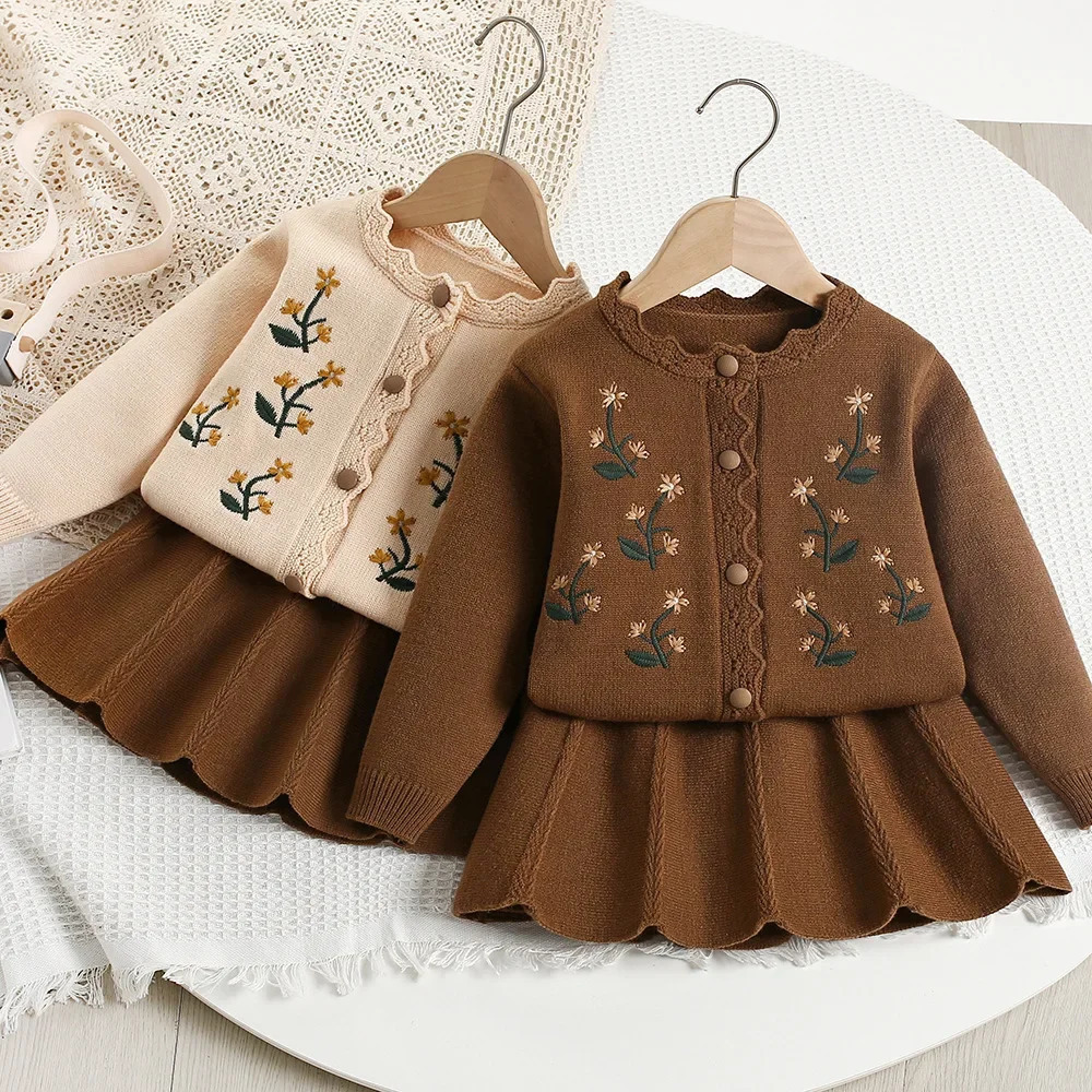 Baby Girl Clothes Girls Knitted Sweater Set Embroidered Flower Two-Piece Jacket And Pants Spring Autumn Korean Style 261015