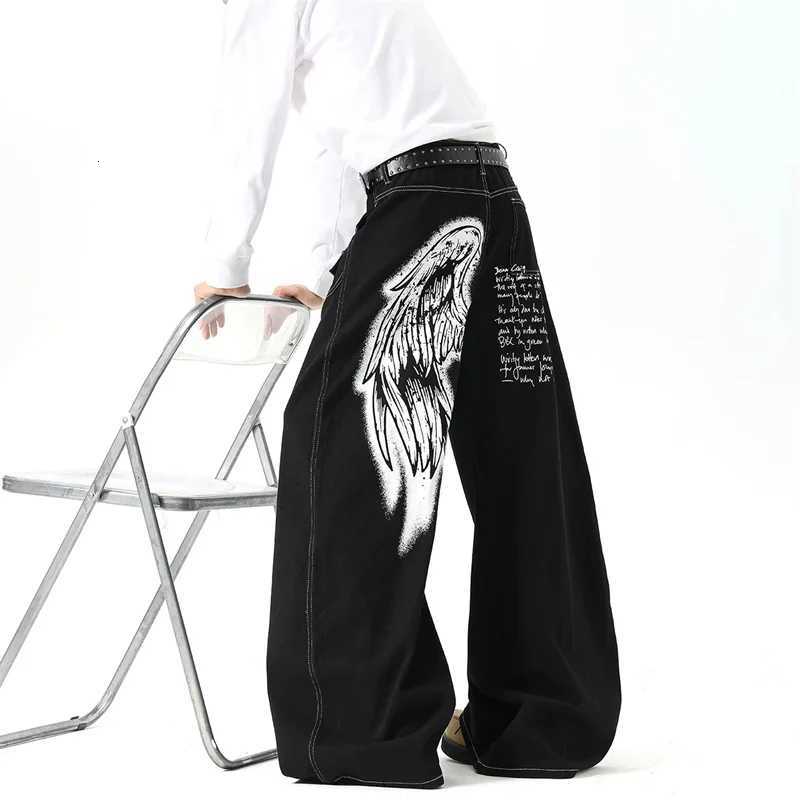Men's Jeans 2026 Men's Baggy Letter Graffiti Print Jean Trousers Autumn High Street Wing Graphic Wide Leg Jeans Y2K Fashion Punk Denim Pan