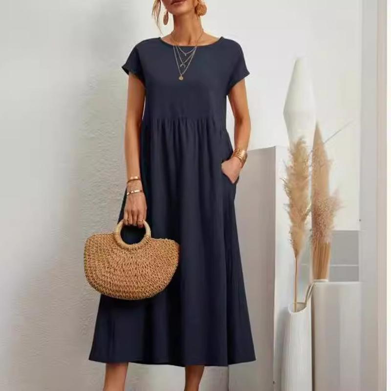 Robe longue plissée en coton et lin pour femmes, manches courtes, couleur unie, col rond, ligne a, décontractée, avec poches, été