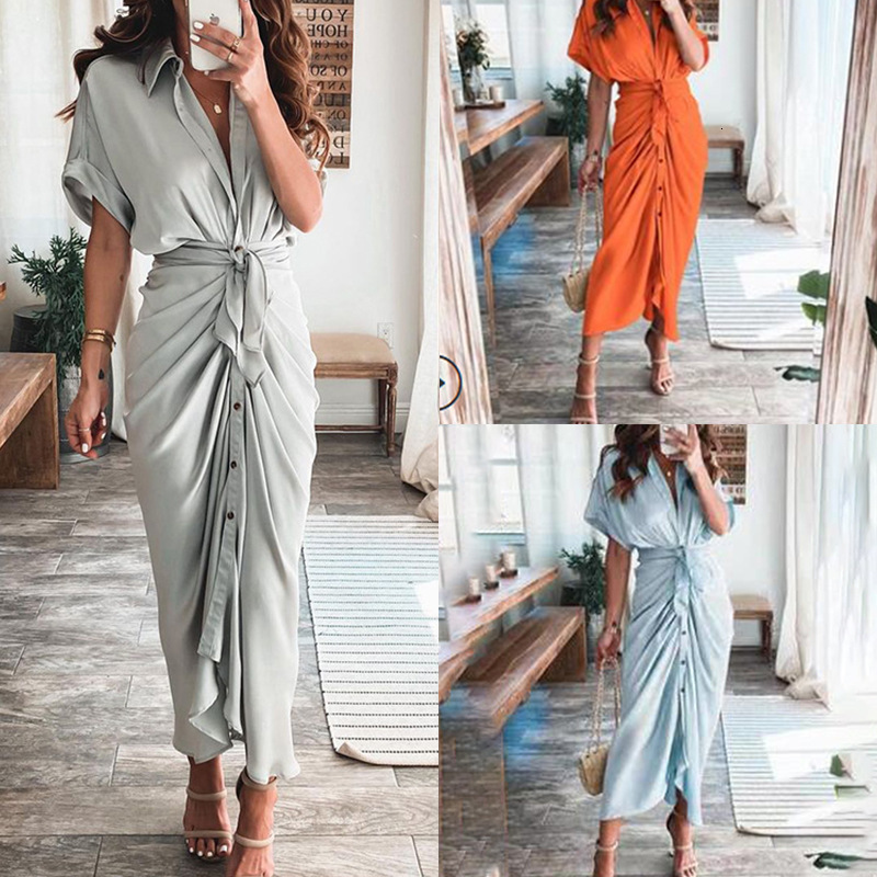 Robe longue élégante à manches courtes pour femmes, couleur unie, taille haute, avec nœud, été 2026