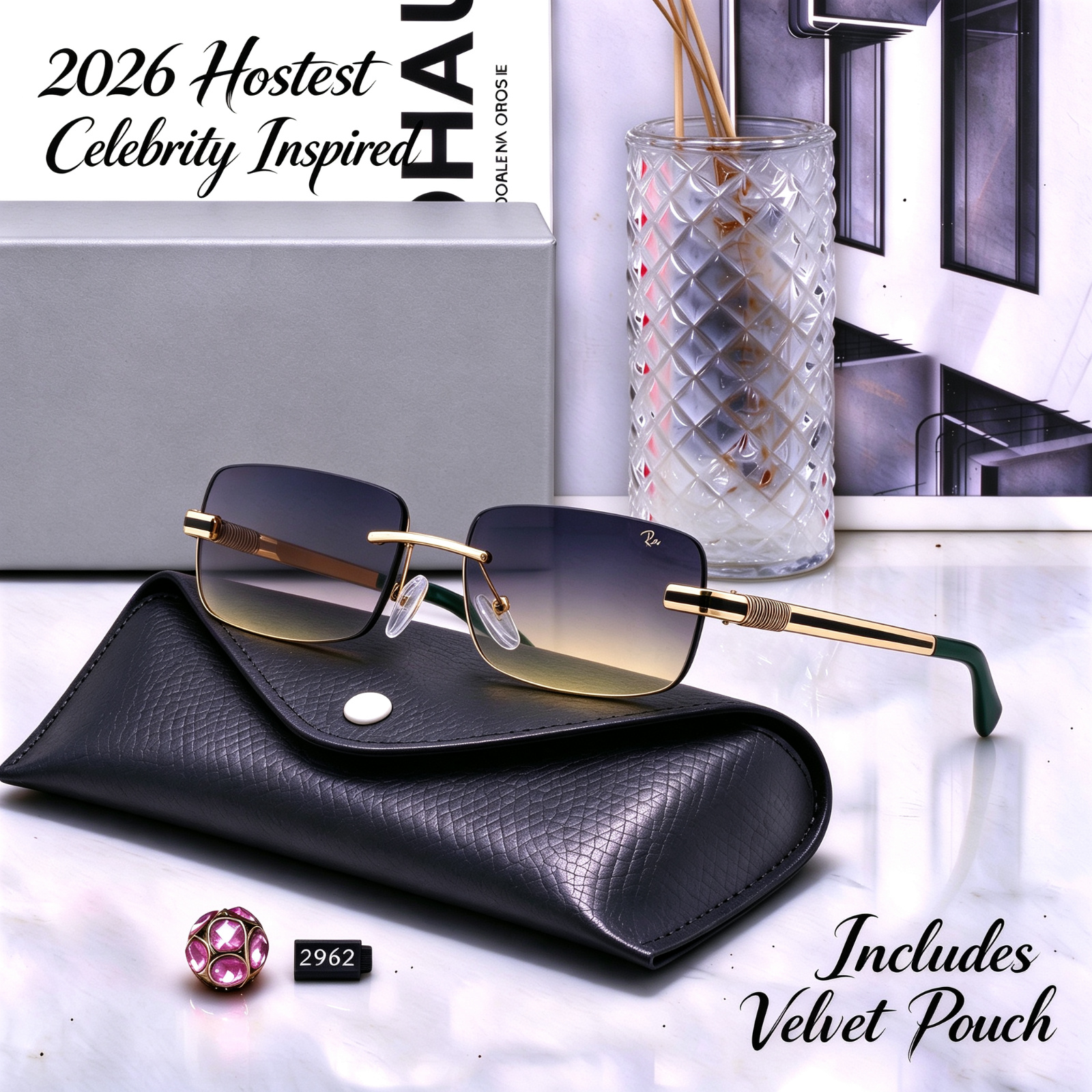 Designer Sunglasses Rimless Gradient Gold Metal Frame Polarized UV400 Vintage Classic Luxury Eyewear For Men Women Outdoor Shades Sun Glasses 2962