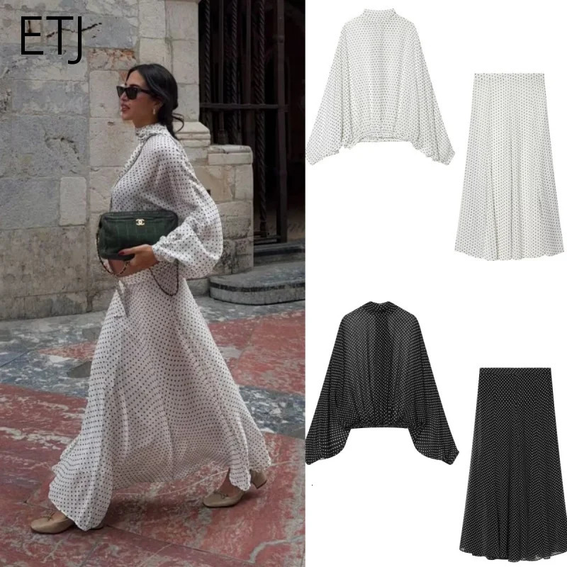 ETJ Womens Polka Dot Blouse Skirt Set 2026 Spring High Neck Batwing Sleeve Sheer Front Tie Bow Midi ALine Dress Set 261016