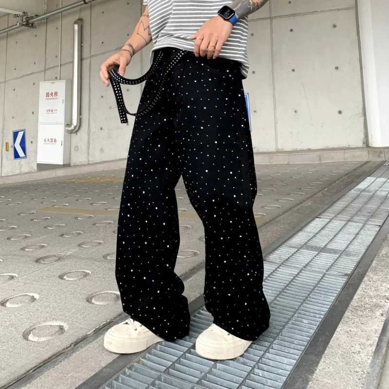 Men's Jeans Pants Denim Men Jeans Wide Leg Long Pant Vintage Loose Hot Drilling High Waist Straight Trousers Y2k Streetwear Lace Up SpringT2610