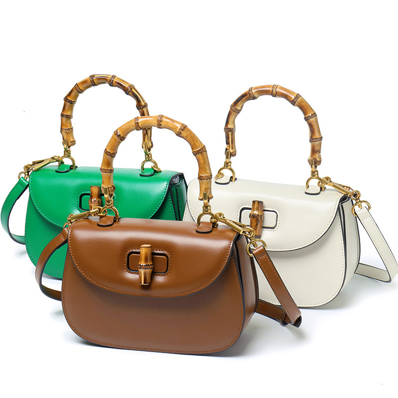Solid Color New Women's Handbag Genuine Leather Retro Fashion Cowhide High-end Designer Bag Crossbody Bag Bamboo Knot Handle Handbag Saddle Bag