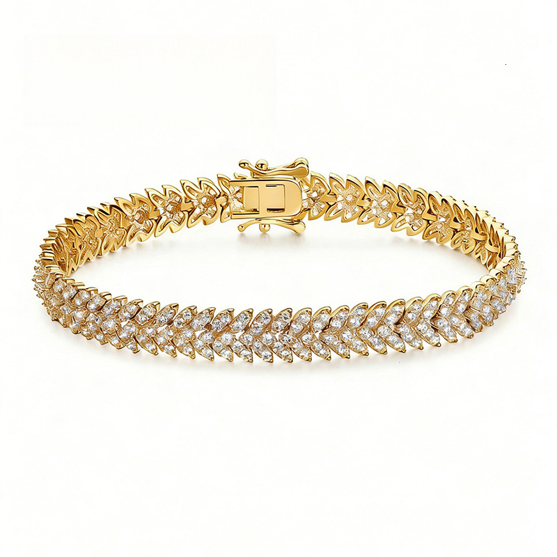 2026 1:1 Iced Out cologne Leaf Shape Tennis Bracelet, Gold Plated Full Pave CZ Zircon Wheat Wrist Band, Luxury Bling Wedding perfume Party Bracelet